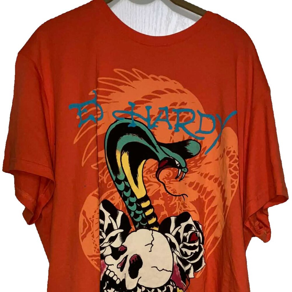 Ed Hardy Designs Short Sleeve T-Shirt Orange with Snake/Skull Design Size XXL